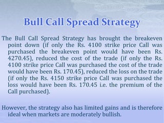 Bull Call Spread Strategy
The Bull Call Spread Strategy has brought the breakeven
point down (if only the Rs. 4100 strike price Call was
purchased the breakeven point would have been Rs.
4270.45), reduced the cost of the trade (if only the Rs.
4100 strike price Call was purchased the cost of the trade
would have been Rs. 170.45), reduced the loss on the trade
(if only the Rs. 4150 strike price Call was purchased the
loss would have been Rs. 170.45 i.e. the premium of the
Call purchased).
However, the strategy also has limited gains and is therefore
ideal when markets are moderately bullish.
 