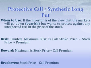 Protective Call / Synthetic Long
Put
When to Use: If the investor is of the view that the markets
will go down (bearish) but wants to protect against any
unexpected rise in the price of the stock.
Risk: Limited. Maximum Risk is Call Strike Price – Stock
Price + Premium
Reward: Maximum is Stock Price – Call Premium
Breakeven: Stock Price – Call Premium
 