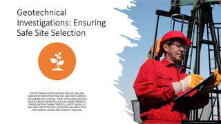 Geotechnical
Investigations: Ensuring
Safe Site Selection
GEOTECHNICAL INVESTIGATIONS INVOLVE DRILLING
BOREHOLES AND EXTRACTING SOIL AND ROCK SAMPLES
FOR LABORATORY TESTING. THESE TESTS ASSESS CRUCIAL
GEOTECHNICAL PROPERTIES SUCH AS SHEAR STRENGTH,
CONSOLIDATION CHARACTERISTICS, ELASTIC MODULUS,
AND SWELLING POTENTIAL, PROVIDING VALUABLE DATA
FOR LANDFILL DESIGN AND STABILITY ANALYSIS.
This Photo by Unknown author is licensed under CC BY.
 