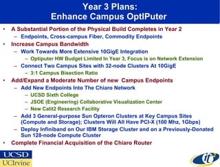 Year 3 Plans: Enhance Campus OptIPuter  A Substantial Portion of the Physical Build Completes in Year 2 Endpoints, Cross-campus Fiber, Commodity Endpoints Increase Campus Bandwidth Work Towards More Extensive 10GigE Integration Optiputer HW Budget Limited In Year 3, Focus is on Network Extension Connect Two Campus Sites with 32-node Clusters At 10GigE 3:1 Campus Bisection Ratio Add/Expand a Moderate Number of new  Campus Endpoints Add New Endpoints Into The Chiaro Network UCSD Sixth College  JSOE (Engineering) Collaborative Visualization Center New Calit2 Research Facility  Add 3 General-purpose Sun Opteron Clusters at Key Campus Sites (Compute and Storage); Clusters Will All Have PCI-X (100 Mhz, 1Gbps)  Deploy Infiniband on Our IBM Storage Cluster and on a Previously-Donated Sun 128-node Compute Cluster Complete Financial Acquisition of the Chiaro Router 