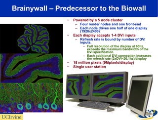 Brainywall – Predecessor to the Biowall Powered by a 5 node cluster Four render nodes and one front-end Each node drives one half of one display (1920x2400) Each display accepts 1-4 DVI inputs Refresh rate is bound by number of DVI inputs.  Full resolution of the display at 60hz, exceeds the maximum bandwidth of the DVI specification. Each additional DVI connection increases the refresh rate (2xDVI=20.1hz)/display 18 million pixels (9Mpixels/display) Single user station 