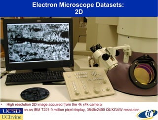 Electron Microscope Datasets:  2D High resolution 2D image acquired from the 4k x4k camera Displayed on an IBM T221 9 million pixel display, 3840x2400 QUXGAW resolution 