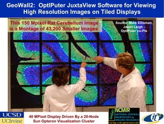 GeoWall2:  OptIPuter JuxtaView Software for Viewing  High Resolution Images on Tiled Displays This 150 Mpixel Rat Cerebellum Image  is a Montage of 43,200 Smaller Images  Source: Mark Ellisman, Jason Leigh - OptIPuter co-PIs 40 MPixel Display Driven By a 20-Node Sun Opteron Visualization Cluster 