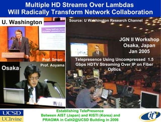 Multiple HD Streams Over Lambdas  Will Radically Transform Network Collaboration U. Washington JGN II Workshop Osaka, Japan Jan 2005 Prof.  Osaka Prof. Aoyama Prof. Smarr Source: U Washington Research Channel Telepresence Using Uncompressed  1.5 Gbps HDTV Streaming Over IP on Fiber Optics Establishing TelePresence  Between AIST (Japan) and KISTI (Korea) and PRAGMA in Calit2@UCSD Building in 2006 