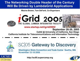September 26-30, 2005 Calit2 @ University of California, San Diego California Institute for Telecommunications and Information Technology The Networking Double Header of the Century  Will Be Driven by LambdaGrid Applications i Grid  2 oo 5 T   H   E  G   L   O   B   A   L  L   A   M   B   D   A  I   N   T   E   G   R   A   T   E   D  F   A   C   I   L   I   T   Y   Maxine Brown, Tom DeFanti, Co-Organizers www.startap.net/igrid2005/ http://sc05.supercomp.org 
