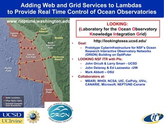 Adding Web and Grid Services to Lambdas  to Provide Real Time Control of Ocean Observatories Goal:  Prototype Cyberinfrastructure for NSF’s Ocean Research Interactive Observatory Networks (ORION) Building on OptIPuter LOOKING NSF ITR with PIs: John Orcutt & Larry Smarr - UCSD John Delaney & Ed Lazowska –UW Mark Abbott – OSU Collaborators at: MBARI, WHOI, NCSA, UIC, CalPoly, UVic, CANARIE, Microsoft, NEPTUNE-Canarie LOOKING:  ( L aboratory for the  O cean  O bservatory  K nowledge  In tegration  G rid) www.neptune.washington.edu http://lookingtosea.ucsd.edu/ 