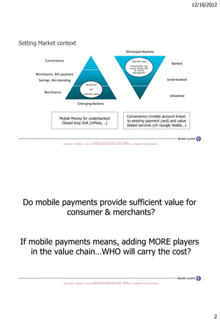 12/10/2012




Setting Market context
                                                                                                                 Developed Markets

           Convenience                                                                                                   Subscriber asset
                                                                                                                                                                    Banked
                                                                                                                       Context (LBS), Call
                                                                                                                       Center, Billing, SIM-
                                                                                                                           SE, Device
                                                                                                                          Management
      Remittance, Bill payment
       Savings, Microlending                                                                                                                                      Underbanked
                                                       Distribution

                                                             and
           Remittance                               Subscriber assets
                                                                                                                                                                   Unbanked

                                            Emerging Markets


                                                                                                                  Convenience (mobile account linked
                     Mobile Money for underbanked
                                                                                                                  to existing payment card) and value
                      Closed loop SVA (mPesa, ..)
                                                                                                                  Added services (cfr Google Wallet,..)



                                                                   COPYRIGHT © 2011 ALCATEL-LUCENT. ALL RIGHTS RESERVED.
                        ALCATEL-LUCENT — CONFIDENTIAL — SOLELY FOR AUTHORIZED PERSONS HAVING A NEED TO KNOW — PROPRIETARY — USE PURSUANT TO COMPANY INSTRUCTION




 Do mobile payments provide sufficient value for
            consumer & merchants?


If mobile payments means, adding MORE players
   in the value chain…WHO will carry the cost?


                                                                   COPYRIGHT © 2011 ALCATEL-LUCENT. ALL RIGHTS RESERVED.
                        ALCATEL-LUCENT — CONFIDENTIAL — SOLELY FOR AUTHORIZED PERSONS HAVING A NEED TO KNOW — PROPRIETARY — USE PURSUANT TO COMPANY INSTRUCTION




                                                                                                                                                                                        2
 