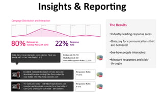 Insights	
  &	
  Repor8ng	
  
                      The	
  Results	
  
                      	
  
                      • Industry-­‐leading	
  response	
  rates	
  

                      • Only	
  pay	
  for	
  communica?ons	
  that	
  
                       are	
  delivered	
  

                      • See	
  how	
  people	
  interacted	
  

                      • Measure	
  responses	
  and	
  click-­‐
                       throughs	
  




                                                                          52	
  
 