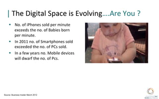 | The	
  Digital	
  Space	
  is	
  Evolving….Are	
  You	
  ?	
  
     §  No.	
  of	
  iPhones	
  sold	
  per	
  minute	
  
         exceeds	
  the	
  no.	
  of	
  Babies	
  born	
  
         per	
  minute.	
  
     §  In	
  2011	
  no.	
  of	
  Smartphones	
  sold	
  
         exceeded	
  the	
  no.	
  of	
  PCs	
  sold.	
  
     §  In	
  a	
  few	
  years	
  no.	
  Mobile	
  devices	
  
         will	
  dwarf	
  the	
  no.	
  of	
  Pcs.	
  




Source: Business Insider March 2012
 