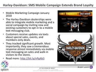 Harley-Davidson: SMS Mobile Campaign Extends Brand Loyalty

• Mobile Marketing Campaign January
  2010
• The Harley-Davids...