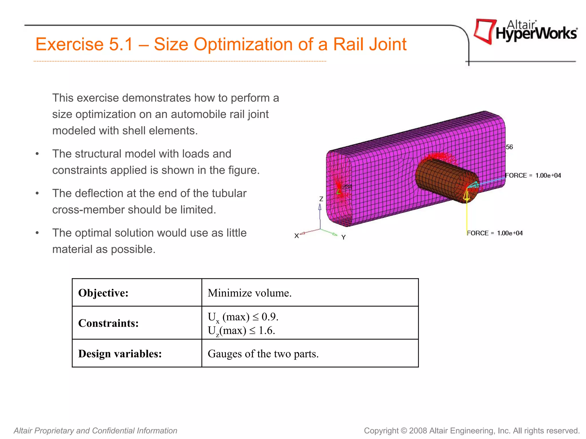 Exercise 5.1 – Size Optimization of a Rail Joint

           This exercise demonstrates how to perform a
           size optimization on an automobile rail joint
           modeled with shell elements.

      •    The structural model with loads and
           constraints applied is shown in the figure.

      •    The deflection at the end of the tubular
           cross-member should be limited.

      •    The optimal solution would use as little
           material as possible.


                  Objective:                      Minimize volume.

                                                  Ux (max) ≤ 0.9.
                  Constraints:
                                                  Uz(max) ≤ 1.6.

                  Design variables:               Gauges of the two parts.




Altair Proprietary and Confidential Information                              Copyright © 2008 Altair Engineering, Inc. All rights reserved.
 