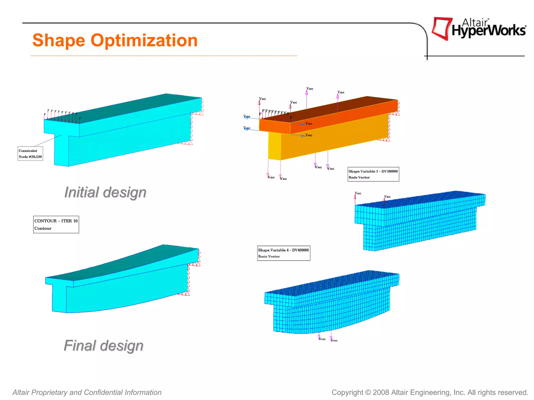 Shape Optimization




                Initial design




                Final design


Altair Proprietary and Confidential Information   Copyright © 2008 Altair Engineering, Inc. All rights reserved.
 