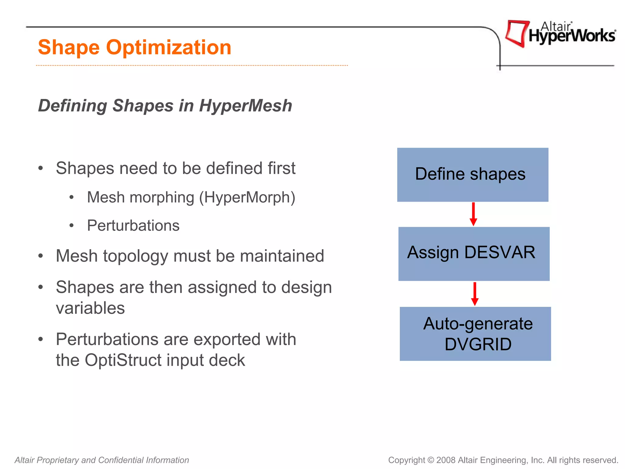 Shape Optimization

      Defining Shapes in HyperMesh


      • Shapes need to be defined first                  Define shapes
              • Mesh morphing (HyperMorph)
              • Perturbations
      • Mesh topology must be maintained               Assign DESVAR

      • Shapes are then assigned to design
        variables
                                                           Auto-generate
      • Perturbations are exported with                      DVGRID
        the OptiStruct input deck




Altair Proprietary and Confidential Information   Copyright © 2008 Altair Engineering, Inc. All rights reserved.
 
