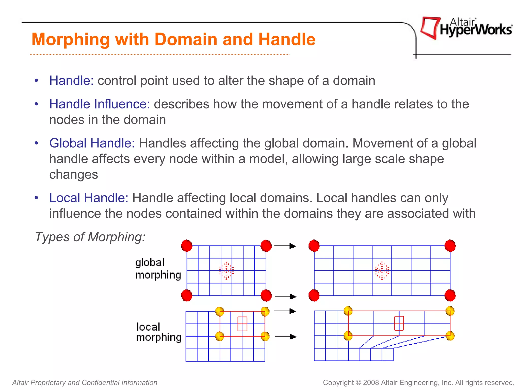 Morphing with Domain and Handle

       • Handle: control point used to alter the shape of a domain
       • Handle Influence: describes how the movement of a handle relates to the
         nodes in the domain
       • Global Handle: Handles affecting the global domain. Movement of a global
         handle affects every node within a model, allowing large scale shape
         changes
       • Local Handle: Handle affecting local domains. Local handles can only
         influence the nodes contained within the domains they are associated with
       Types of Morphing:




Altair Proprietary and Confidential Information         Copyright © 2008 Altair Engineering, Inc. All rights reserved.
 
