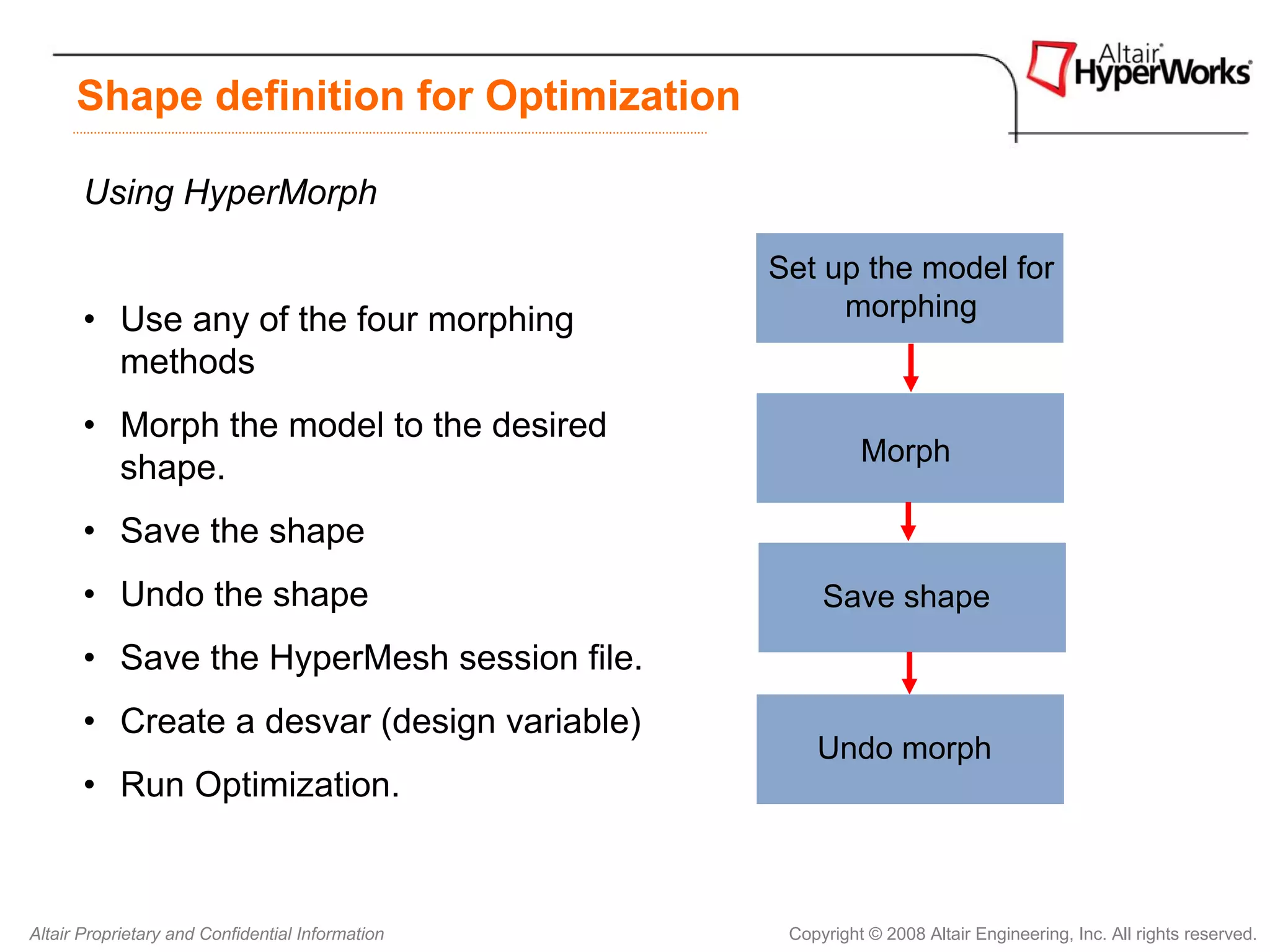 Shape definition for Optimization

       Using HyperMorph

                                                  Set up the model for
       • Use any of the four morphing                  morphing
         methods
       • Morph the model to the desired
                                                            Morph
         shape.
       • Save the shape
       • Undo the shape                                Save shape
       • Save the HyperMesh session file.
       • Create a desvar (design variable)
                                                      Undo morph
       • Run Optimization.



Altair Proprietary and Confidential Information    Copyright © 2008 Altair Engineering, Inc. All rights reserved.
 