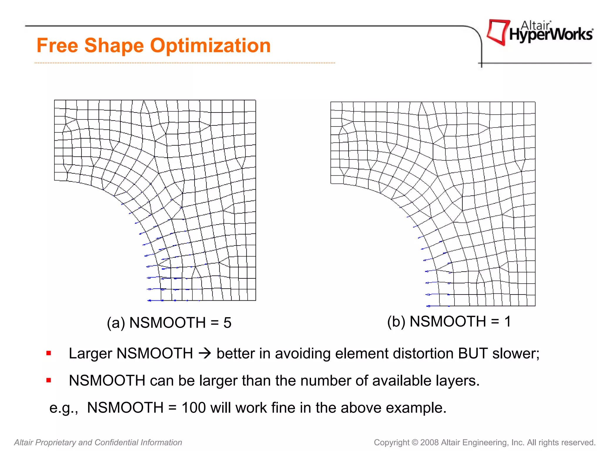 Free Shape Optimization




                         (a) NSMOOTH = 5                                    (b) NSMOOTH = 1

               Larger NSMOOTH                     better in avoiding element distortion BUT slower;
               NSMOOTH can be larger than the number of available layers.
         e.g., NSMOOTH = 100 will work fine in the above example.

Altair Proprietary and Confidential Information                          Copyright © 2008 Altair Engineering, Inc. All rights reserved.
 