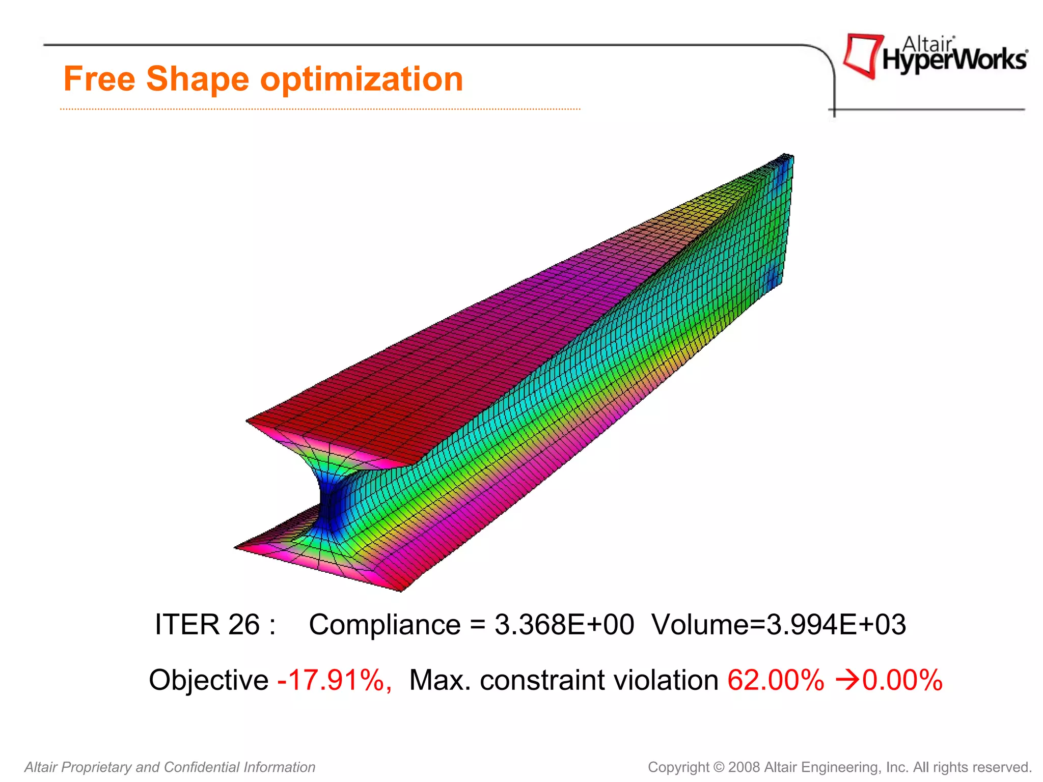Free Shape optimization




                    ITER 26 :                Compliance = 3.368E+00 Volume=3.994E+03
                    Objective -17.91%, Max. constraint violation 62.00%                              0.00%

Altair Proprietary and Confidential Information                    Copyright © 2008 Altair Engineering, Inc. All rights reserved.
 