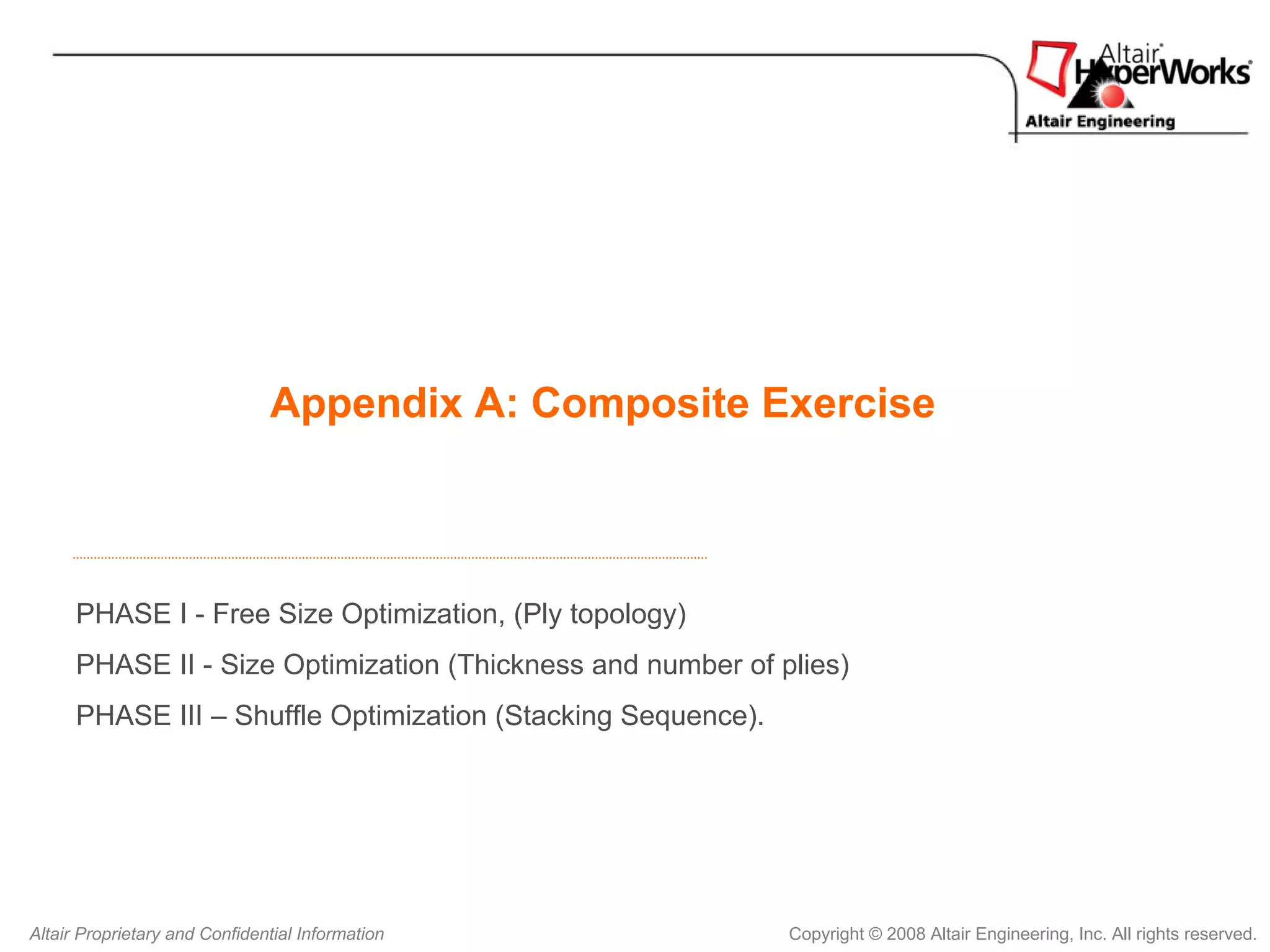 Appendix A: Composite Exercise



      PHASE I - Free Size Optimization, (Ply topology)
      PHASE II - Size Optimization (Thickness and number of plies)
      PHASE III – Shuffle Optimization (Stacking Sequence).




Altair Proprietary and Confidential Information               Copyright © 2008 Altair Engineering, Inc. All rights reserved.
 