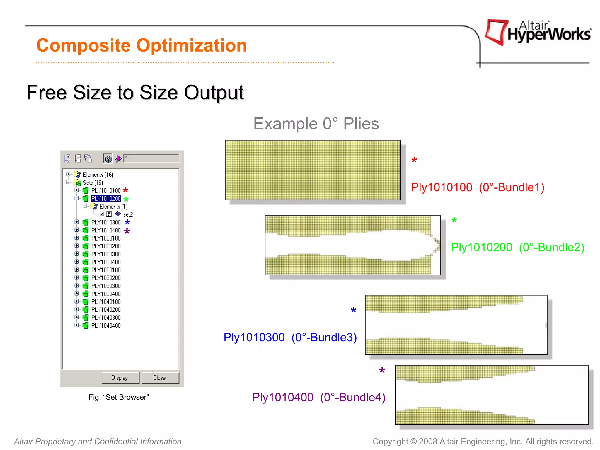Composite Optimization

   Free Size to Size Output
                                                       Example 0° Plies

                                                                                      *
                                                                                      Ply1010100 (0°-Bundle1)
                              *
                              *
                              *                                                                  *
                              *
                                                                                                 Ply1010200 (0°-Bundle2)




                                                                       *
                                                  Ply1010300 (0°-Bundle3)


                                                                             *
                    Fig. “Set Browser”                Ply1010400 (0°-Bundle4)


Altair Proprietary and Confidential Information                             Copyright © 2008 Altair Engineering, Inc. All rights reserved.
 