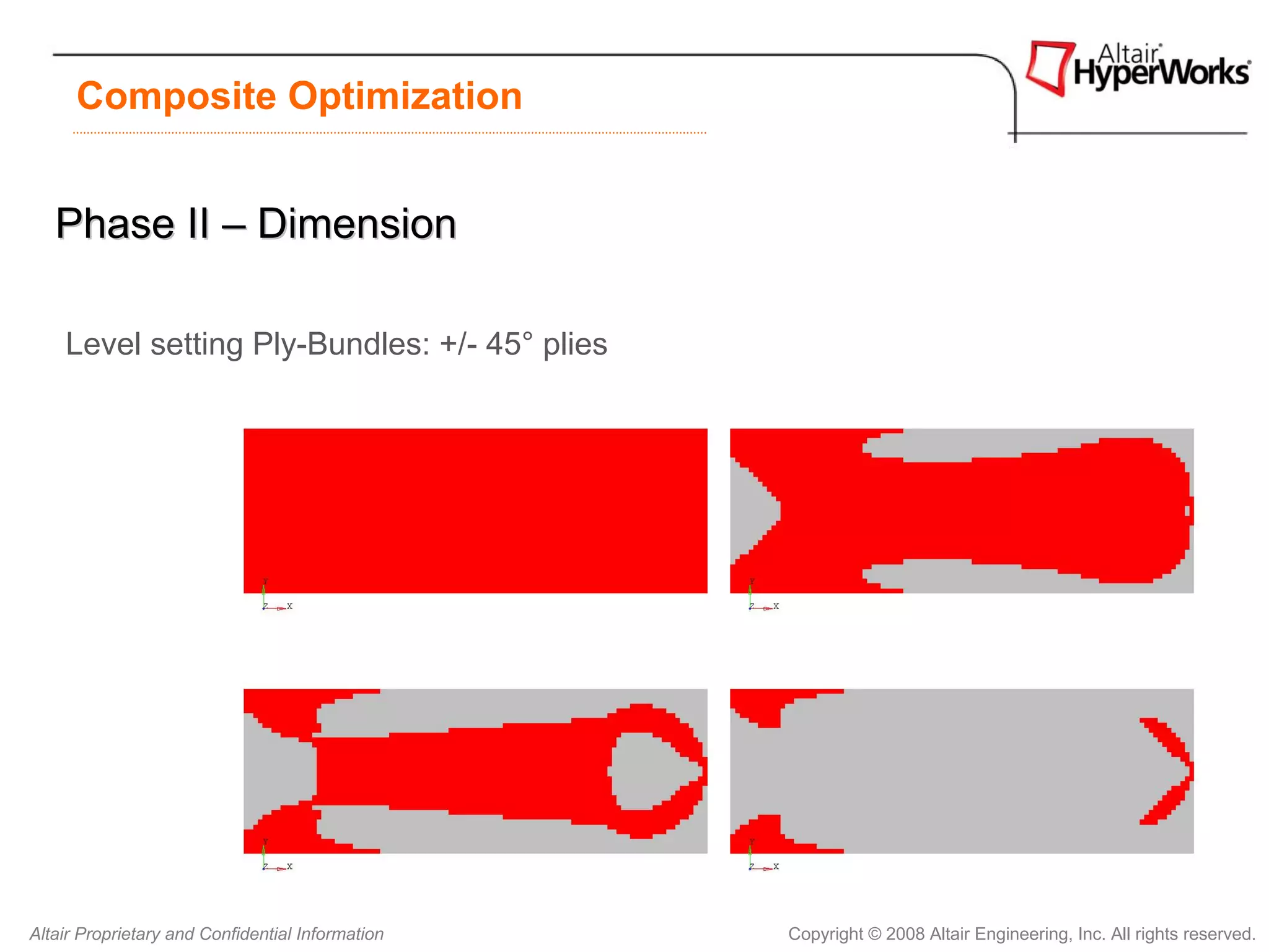Composite Optimization


   Phase II – Dimension

    Level setting Ply-Bundles: +/- 45° plies




Altair Proprietary and Confidential Information   Copyright © 2008 Altair Engineering, Inc. All rights reserved.
 