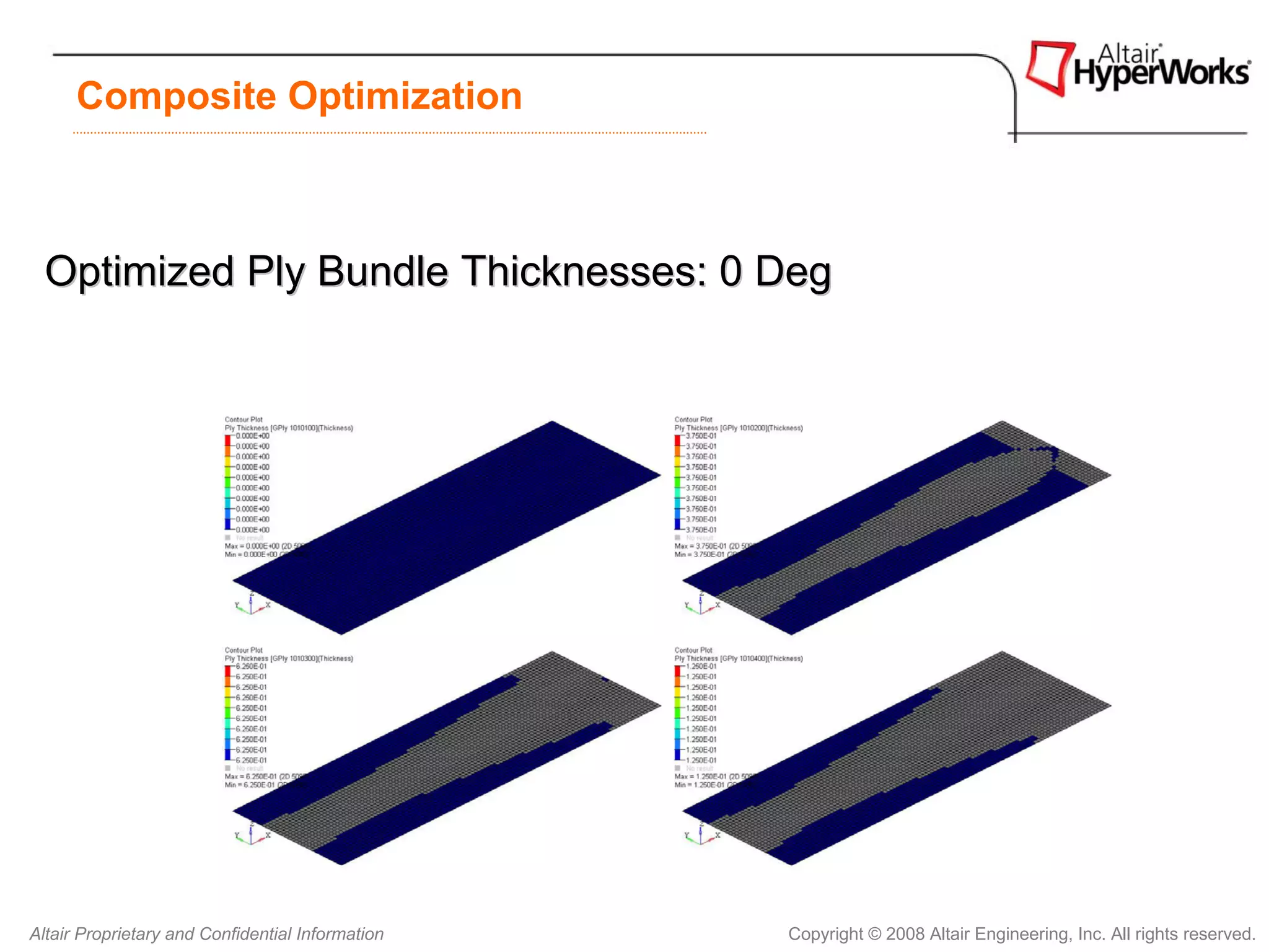 Composite Optimization



  Optimized Ply Bundle Thicknesses: 0 Deg




Altair Proprietary and Confidential Information   Copyright © 2008 Altair Engineering, Inc. All rights reserved.
 