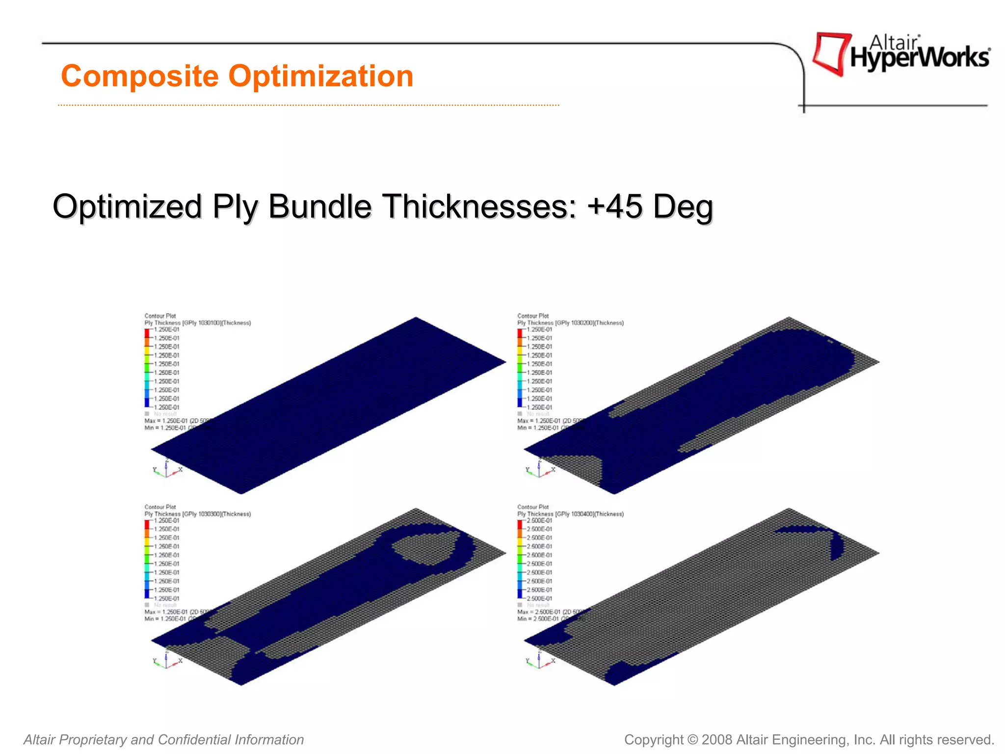 Composite Optimization



    Optimized Ply Bundle Thicknesses: +45 Deg




Altair Proprietary and Confidential Information   Copyright © 2008 Altair Engineering, Inc. All rights reserved.
 