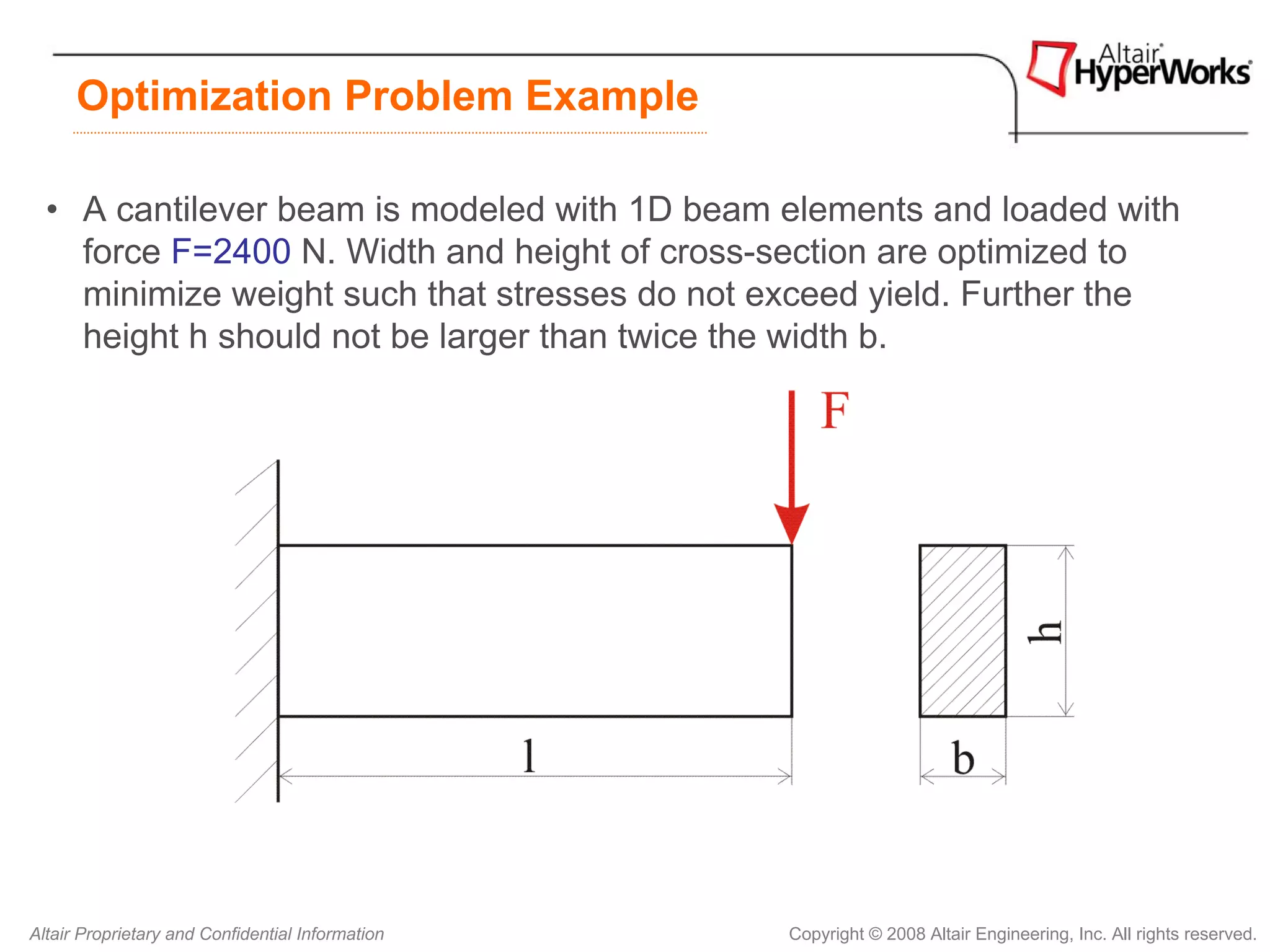 Optimization Problem Example

  • A cantilever beam is modeled with 1D beam elements and loaded with
    force F=2400 N. Width and height of cross-section are optimized to
    minimize weight such that stresses do not exceed yield. Further the
    height h should not be larger than twice the width b.




Altair Proprietary and Confidential Information   Copyright © 2008 Altair Engineering, Inc. All rights reserved.
 