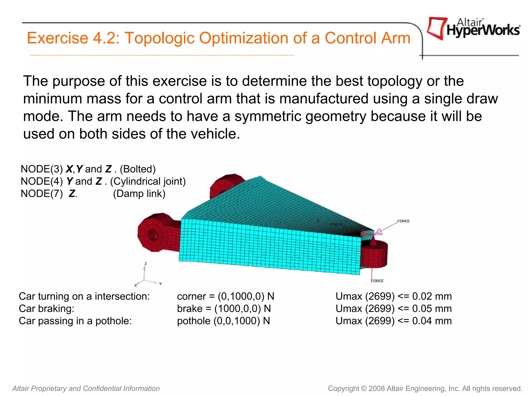 Exercise 4.2: Topologic Optimization of a Control Arm

   The purpose of this exercise is to determine the best topology or the
   minimum mass for a control arm that is manufactured using a single draw
   mode. The arm needs to have a symmetric geometry because it will be
   used on both sides of the vehicle.

  NODE(3) X,Y and Z . (Bolted)
  NODE(4) Y and Z . (Cylindrical joint)
  NODE(7) Z.         (Damp link)




  Car turning on a intersection:                  corner = (0,1000,0) N     Umax (2699) <= 0.02 mm
  Car braking:                                    brake = (1000,0,0) N      Umax (2699) <= 0.05 mm
  Car passing in a pothole:                       pothole (0,0,1000) N      Umax (2699) <= 0.04 mm




Altair Proprietary and Confidential Information                           Copyright © 2008 Altair Engineering, Inc. All rights reserved.
 