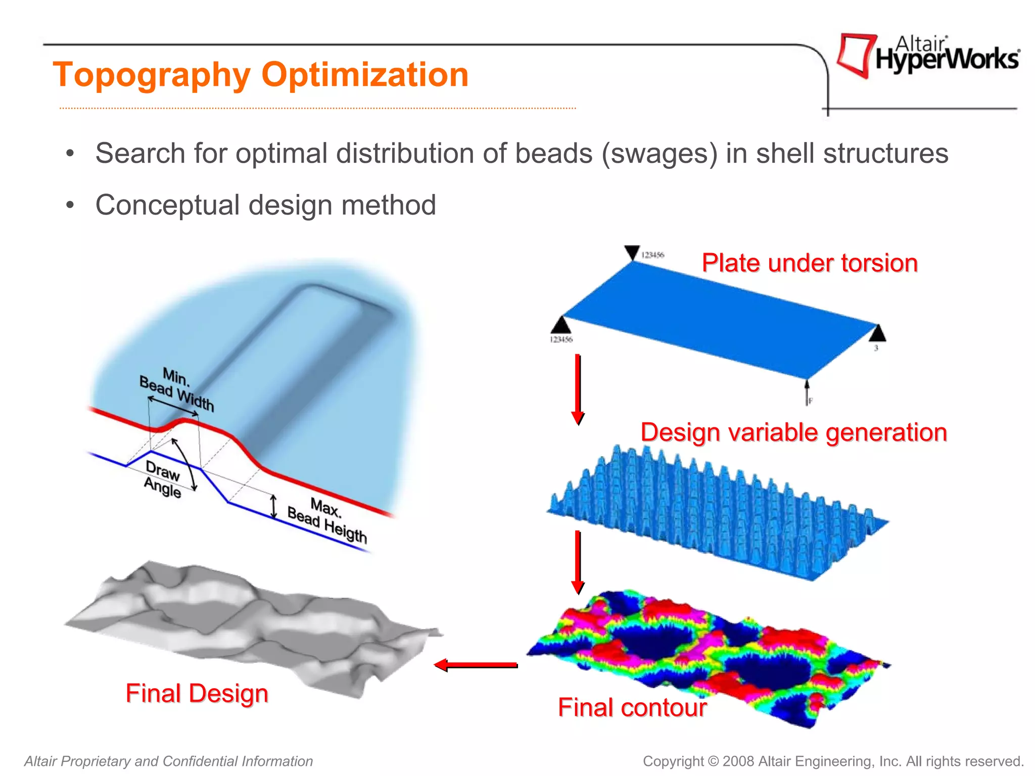 Topography Optimization

      • Search for optimal distribution of beads (swages) in shell structures
      • Conceptual design method
                                                                  Plate under torsion




                                                         Design variable generation




                Final Design
                                                  Final contour
Altair Proprietary and Confidential Information          Copyright © 2008 Altair Engineering, Inc. All rights reserved.
 