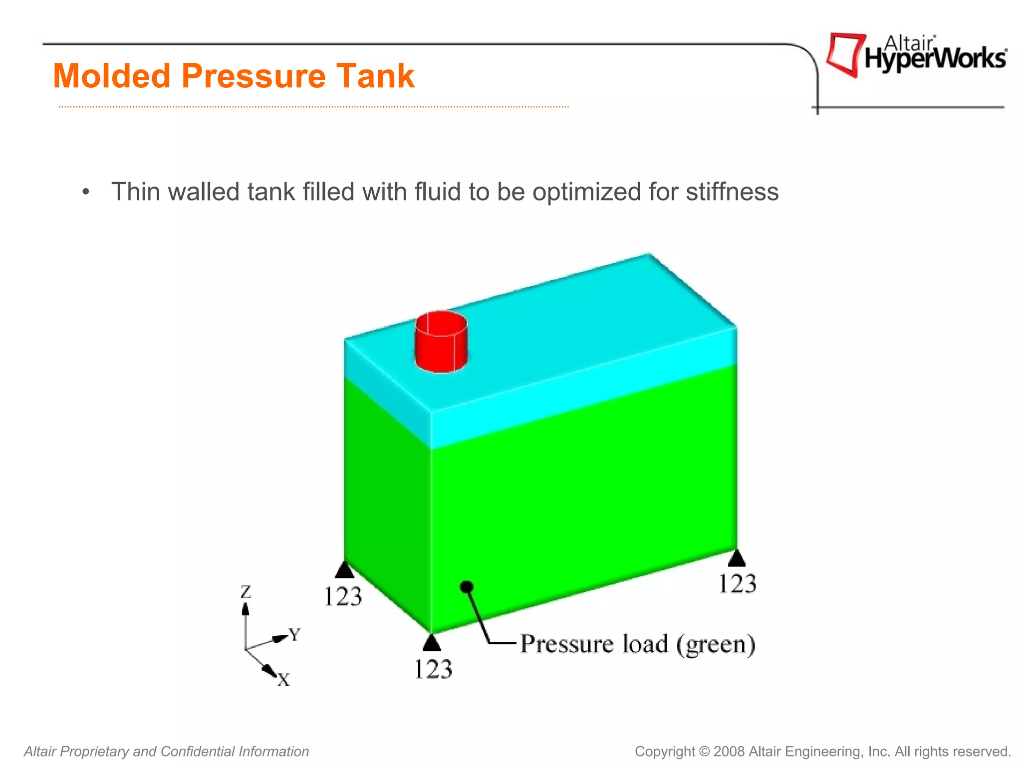 Molded Pressure Tank


         • Thin walled tank filled with fluid to be optimized for stiffness




Altair Proprietary and Confidential Information              Copyright © 2008 Altair Engineering, Inc. All rights reserved.
 