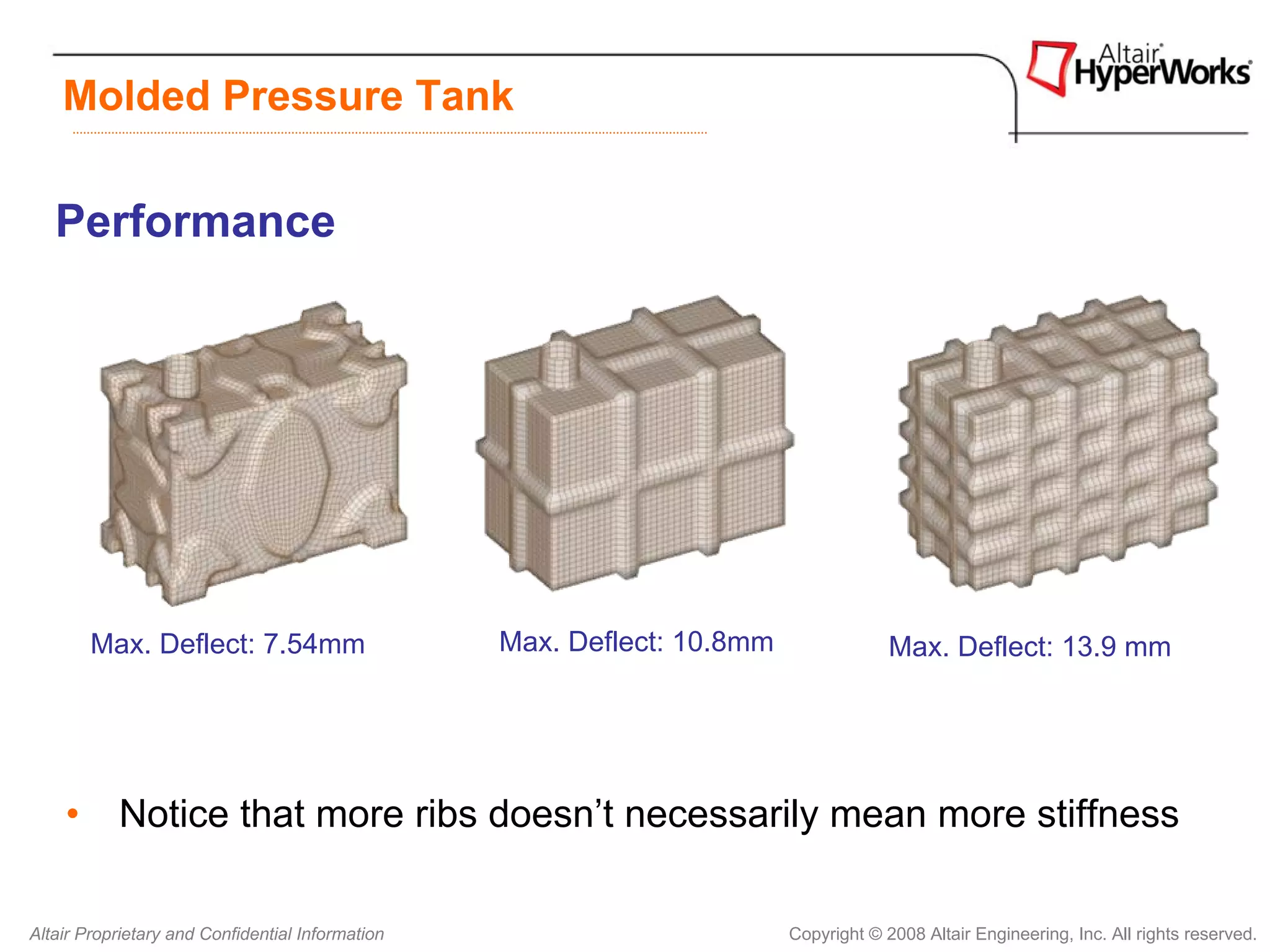 Molded Pressure Tank

   Performance




        Max. Deflect: 7.54mm                      Max. Deflect: 10.8mm                Max. Deflect: 13.9 mm




    •      Notice that more ribs doesn’t necessarily mean more stiffness

Altair Proprietary and Confidential Information                          Copyright © 2008 Altair Engineering, Inc. All rights reserved.
 
