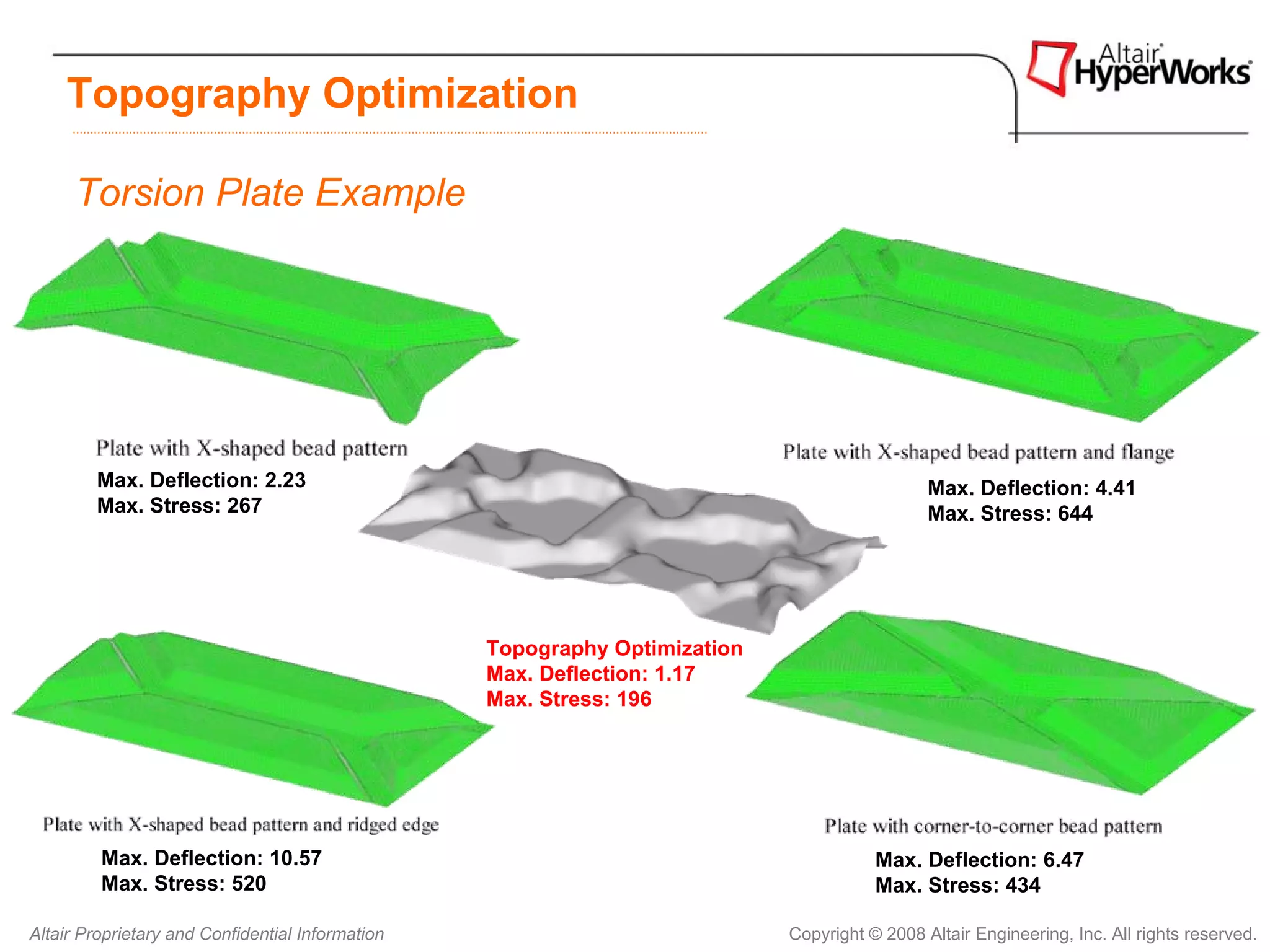 Topography Optimization

      Torsion Plate Example




        Max. Deflection: 2.23                                                                 Max. Deflection: 4.41
        Max. Stress: 267                                                                      Max. Stress: 644




                                                  Topography Optimization
                                                  Max. Deflection: 1.17
                                                  Max. Stress: 196




         Max. Deflection: 10.57                                                        Max. Deflection: 6.47
         Max. Stress: 520                                                              Max. Stress: 434

Altair Proprietary and Confidential Information                             Copyright © 2008 Altair Engineering, Inc. All rights reserved.
 