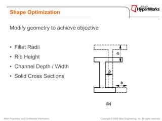 Shape Optimization

      Modify geometry to achieve objective


      • Fillet Radii
      • Rib Height
      • Channel Depth / Width
      • Solid Cross Sections




Altair Proprietary and Confidential Information   Copyright © 2008 Altair Engineering, Inc. All rights reserved.
 