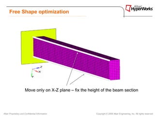 Free Shape optimization




                       Move only on X-Z plane – fix the height of the beam section




Altair Proprietary and Confidential Information             Copyright © 2008 Altair Engineering, Inc. All rights reserved.
 