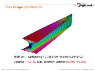 Free Shape optimization




                    ITER 26 :                Compliance = 3.368E+00 Volume=3.994E+03
                    Objective -17.91%, Max. constraint violation 62.00%                              0.00%

Altair Proprietary and Confidential Information                    Copyright © 2008 Altair Engineering, Inc. All rights reserved.
 