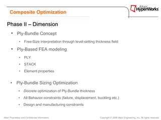 Composite Optimization

   Phase II – Dimension
       • Ply-Bundle Concept
                •    Free-Size interpretation through level-setting thickness field

       • Ply-Based FEA modeling
                •    PLY
                •    STACK
                •    Element properties


       •     Ply-Bundle Sizing Optimization
               •    Discrete optimization of Ply-Bundle thickness
               •    All Behavior constraints (failure, displacement, buckling etc.)
               •    Design and manufacturing constraints


Altair Proprietary and Confidential Information                        Copyright © 2008 Altair Engineering, Inc. All rights reserved.
 