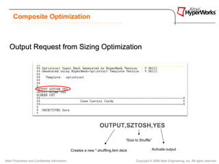 Composite Optimization



   Output Request from Sizing Optimization




                                                                   OUTPUT,SZTOSH,YES

                                                                                   “Size to Shuffle”

                                                  Creates a new *.shuffling.fem deck                   Activate output


Altair Proprietary and Confidential Information                                          Copyright © 2008 Altair Engineering, Inc. All rights reserved.
 