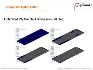 Composite Optimization



   Optimized Ply Bundle Thicknesses: 90 Deg




Altair Proprietary and Confidential Information   Copyright © 2008 Altair Engineering, Inc. All rights reserved.
 