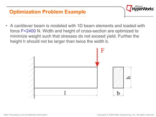 Optimization Problem Example

  • A cantilever beam is modeled with 1D beam elements and loaded with
    force F=2400 N. Width and height of cross-section are optimized to
    minimize weight such that stresses do not exceed yield. Further the
    height h should not be larger than twice the width b.




Altair Proprietary and Confidential Information   Copyright © 2008 Altair Engineering, Inc. All rights reserved.
 