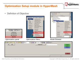 Optimization Setup module in HyperMesh

      • Definition of Objective




Altair Proprietary and Confidential Information   Copyright © 2008 Altair Engineering, Inc. All rights reserved.
 