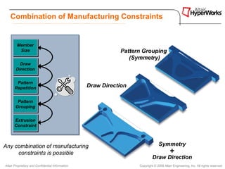 Combination of Manufacturing Constraints


        Member
        Member
         Size
         Size                                                Pattern Grouping
                                                                (Symmetry)
         Draw
         Draw
       Direction
       Direction

        Pattern
        Pattern
       Repetition
       Repetition
                                                  Draw Direction

        Pattern
        Pattern
       Grouping
       Grouping

      Extrusion
      Extrusion
      Constraint
      Constraint



Any combination of manufacturing                                                 Symmetry
     constraints is possible                                                             +
                                                                            Draw Direction
Altair Proprietary and Confidential Information                    Copyright © 2008 Altair Engineering, Inc. All rights reserved.
 