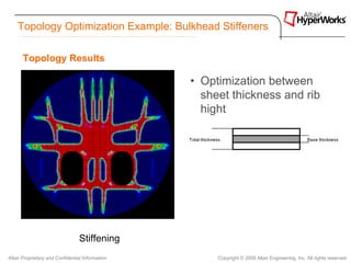 Topology Optimization Example: Bulkhead Stiffeners

       Topology Results

                                                  • Optimization between
                                                    sheet thickness and rib
                                                    hight




                                  Stiffening
Altair Proprietary and Confidential Information        Copyright © 2008 Altair Engineering, Inc. All rights reserved.
 