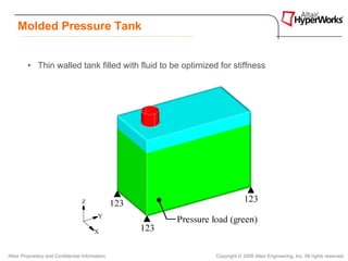 Molded Pressure Tank


         • Thin walled tank filled with fluid to be optimized for stiffness




Altair Proprietary and Confidential Information              Copyright © 2008 Altair Engineering, Inc. All rights reserved.
 
