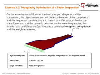 Exercise 4.3: Topography Optimization of a Slider Suspension

       On this exercise we will look for the best stamped shape for a slider
       suspension, the objective function will be a combination of the compliance
       and the frequency, the objective is to have it as stiffer as possible for the
       static force, and a stiffer dynamic behavior on the lower frequencies, this
       function can be defined on OptiStruct as a combined weighted compliance
       and the weighted modes.




          Objective function:               Minimize the combined weighted compliance and the weighted modes.

          Constraints:                      7th Mode > 12 Hz.

          Design variables:                 Nodes topography.


Altair Proprietary and Confidential Information                                   Copyright © 2008 Altair Engineering, Inc. All rights reserved.
 