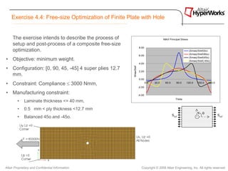 Exercise 4.4: Free-size Optimization of Finite Plate with Hole


     The exercise intends to describe the process of                                    MAX Principal Stress

     setup and post-process of a composite free-size
                                                                   8.00
     optimization.                                                                                             |Smax|/Sref(0o)
                                                                                                               |Smax|/Sref(90o)
                                                                   6.00
• Objective: minimum weight.                                                                                   |Smax|/Sref(45o)
                                                                                                               |Smax|/Sref(-45o)
                                                                   4.00

• Configuration: [0, 90, 45, -45] 4 super plies 12.7




                                                       Smax/Sref
                                                                   2.00
  mm.
                                                                   0.00

• Constraint: Compliance ≤ 3000 Nmm,                                       0.0   30.0    60.0      90.0   120.0      150.0    180.0
                                                                   -2.00

• Manufacturing constraint:                                        -4.00
                                                                                                  Theta
        •    Laminate thickness <= 40 mm,
        •    0.5 mm < ply thickness <12.7 mm
                                                                                                                         θ
        •    Balanced 45o and -45o.                                                             Sref                                  Sref




Altair Proprietary and Confidential Information                      Copyright © 2008 Altair Engineering, Inc. All rights reserved.
 