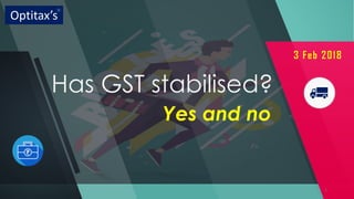 Has GST stabilised?
Yes and no
Optitax’s
R
3 Feb 2018
1
 
