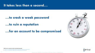 Proprietary and CONFIDENTIAL. Do Not Distribute. © 2025 Optiv Security Inc. All Rights Reserved.
11
It takes less than a second…
Check out our resources to learn more about passwords:
1. https://www.optiv.com/insights/discover/downloads/password-cracking-chart
2. https://www.optiv.com/insights/discover/blog/secure-your-password
…to crack a weak password
…to ruin a reputation
…for an account to be compromised
 