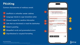Proprietary and CONFIDENTIAL. Do Not Distribute. © 2025 Optiv Security Inc. All Rights Reserved.
Common characteristics of malicious emails
• Unofficial or unfamiliar sender address
• Language intends to urge immediate action
• Unusual request for sensitive information
• Links that are shortened or mask the destination
• Generic greeting
• Misspelled words and grammatical errors
• Unprofessional or atypical formatting
Phishing
Action Required: Password Expiration
From: “Amazon” <info@amazan.com>
Subject: Please update you’re account information
Date: August 25, 2023 10:25:12 AM MST
Greeting loyal customer,
Our records indicate that your password need to be
updated ASAP in order to continue to access you’re
account.
Please reply with a your existing user name and
password so we can confirm your identity or click the
link below to be take to a login screen where you can
enter your credentials.
Thank you,
Customer care team
<Login Portal>
FORWARD
REPLY
1
2
3
4
5
6
7
1
2
3
4
7
6
5
Learn more about Phishing:
1. https://www.optiv.com/cybersecurity-dictionary/phishing
2. https://www.optiv.com/insights/discover/blog/22-ways-protect-yourself-against-phishing-attacks
 