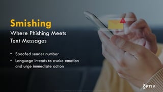 Proprietary and CONFIDENTIAL. Do Not Distribute. © 2025 Optiv Security Inc. All Rights Reserved.
Smishing
Where Phishing Meets
Text Messages
• Spoofed sender number
• Language intends to evoke emotion
and urge immediate action
Proprietary and CONFIDENTIAL. Do Not Distribute. © 2025 Optiv Security Inc. All Rights Reserved.
 