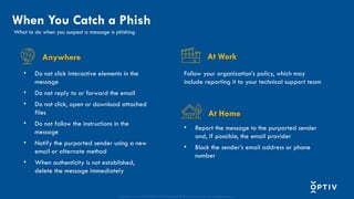Proprietary and CONFIDENTIAL. Do Not Distribute. © 2025 Optiv Security Inc. All Rights Reserved.
What to do when you suspect a message is phishing
When You Catch a Phish
• Do not click interactive elements in the
message
• Do not reply to or forward the email
• Do not click, open or download attached
files
• Do not follow the instructions in the
message
• Notify the purported sender using a new
email or alternate method
• When authenticity is not established,
delete the message immediately
At Work
At Home
Anywhere
• Report the message to the purported sender
and, if possible, the email provider
• Block the sender’s email address or phone
number
Follow your organization’s policy, which may
include reporting it to your technical support team
 